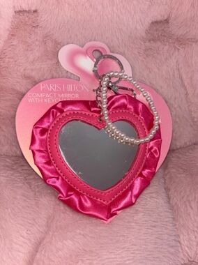 Paris Hilton-Heart Compact Mirror Keychain with Pearl Charm (Pink 💓)